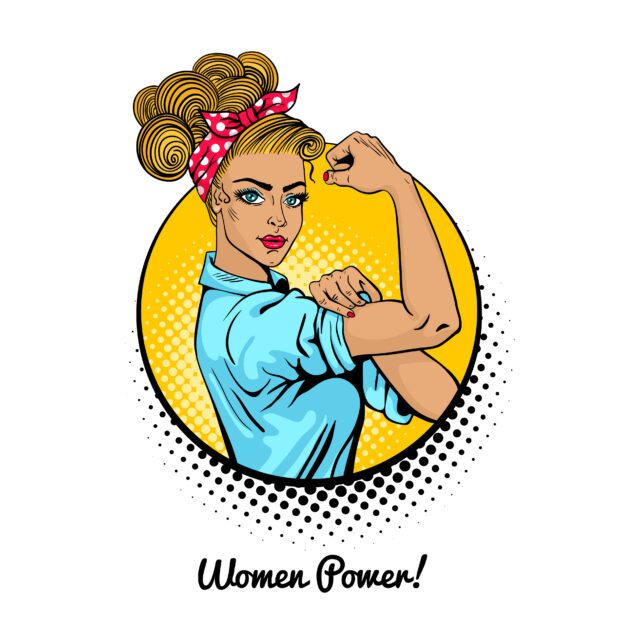 Women Power. Pop art sexy strong blonde girl in a circle on whit
