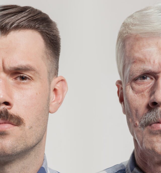 Collage of two portraits of the same old man and young man. Face lifting, aging and skincare concept. Conparison