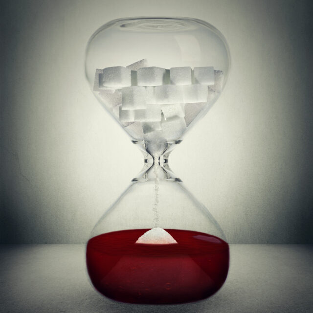 Sugar kills your blood and body in time concept over gray.